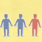 Decorative cardboard illustration of blue and red figures in row representing health and illness concept on yellow background