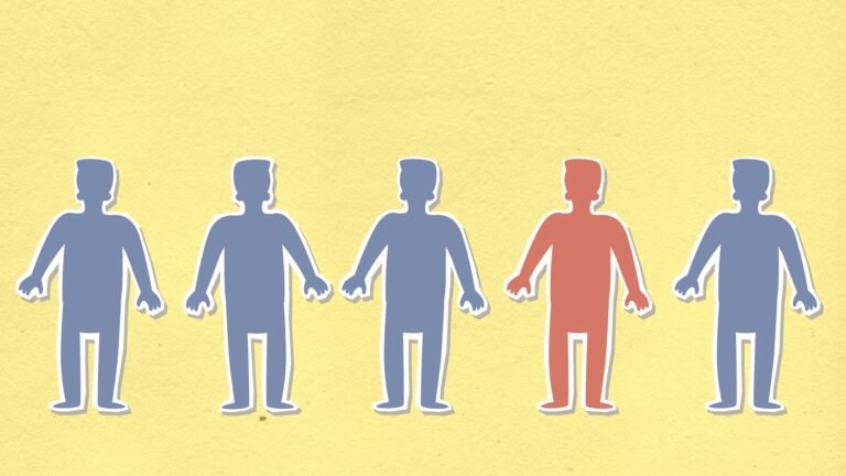 Decorative cardboard illustration of blue and red figures in row representing health and illness concept on yellow background