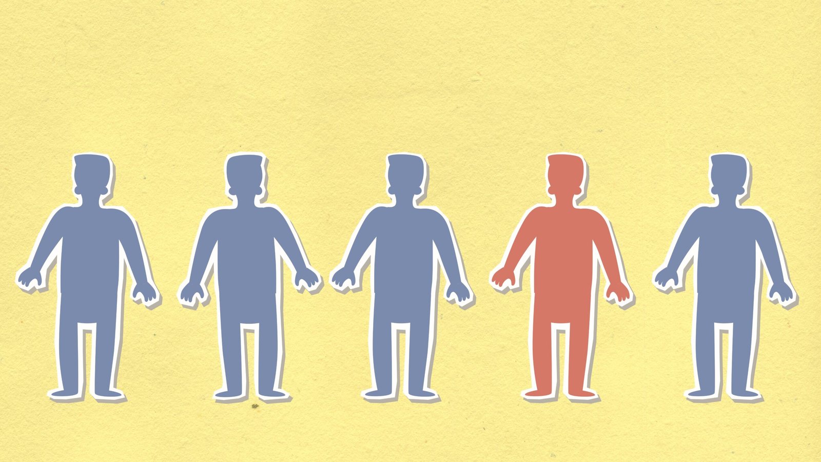 Decorative cardboard illustration of blue and red figures in row representing health and illness concept on yellow background